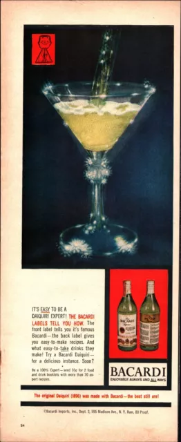 1960 Bacardi Rum Color Magazine AD  nostalgic cocktail glass b9