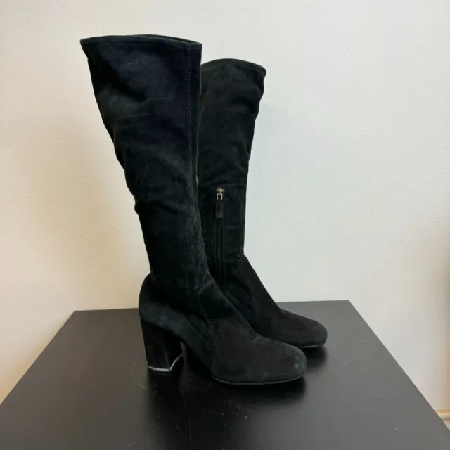 Prada Black Suede Block Heel Knee High Boots 38.5 US 8