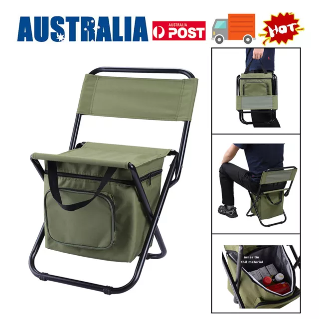 Portable Camping Chair with Cooler Bag Compact Folding Fishing Stool Backrest