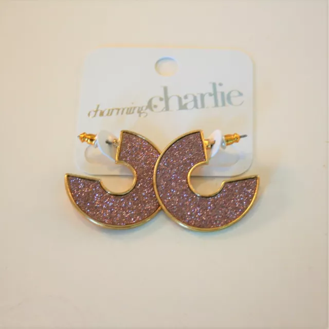 Charming Charlie gold tone flat open hoop with purple glitter earrings 1 1/4"