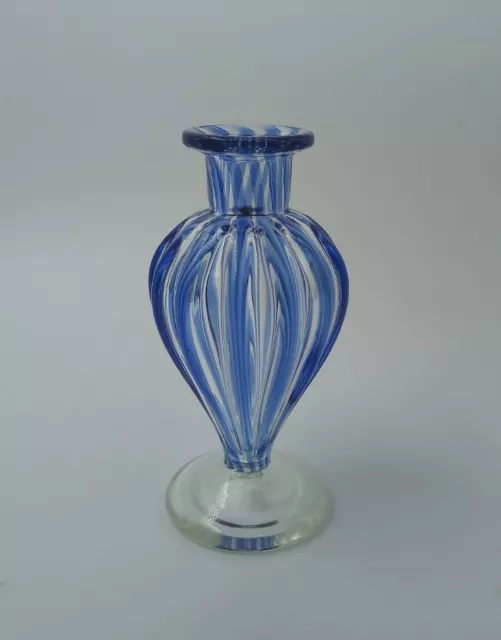 Mini Art Glass Blue & Clear Bud/Stem Vase Ribbed Footed 7.25cm Tall