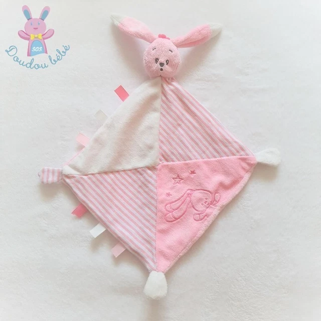 Doudou plat lapin rose blanc rayé étoiles étiquettes AUCHAN (3 dispos)