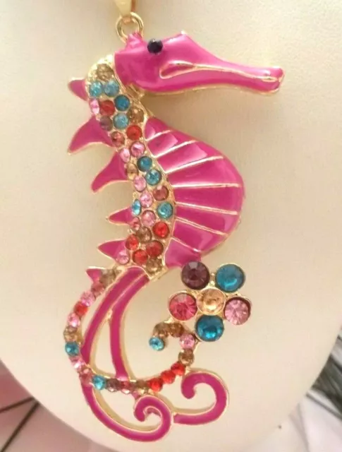 Betsey Johnson Beautiful Pink Crystal & Enamel  Seahorse Pendant Chain Necklace