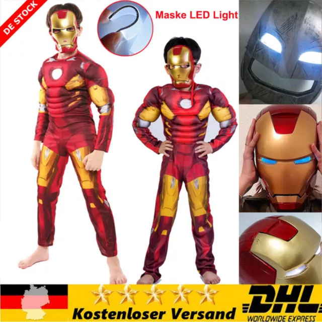 Jungen Kinder Iron Man Kostüm Avengers Cosplay Kostüm Anzug Maske LED Light DE