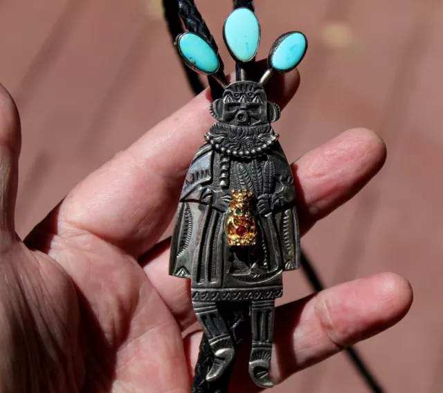 HUGE Old Pawn TWO DOGS Navajo Sterling Silver & Turquoise Stone Kachina Bolo Tie