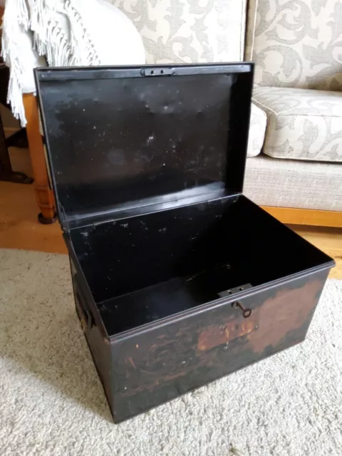 Large Vintage Black Metal Chest  Trunk Storage Box Industrial. Coffee Table Key