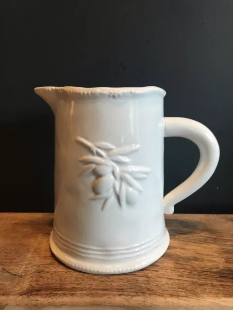 Shabby Chic White Olive Ceramic Rustic Pitcher Jug or Vase By Gisela Graham