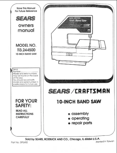 Owner's Manual & Parts List  Sears Craftsman 10" Band Saw - Model 113.244500