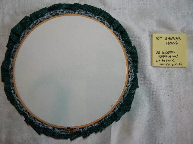 10" Canvas hoop Dk green Ruffle, w/ dots & lace, for painting, any age