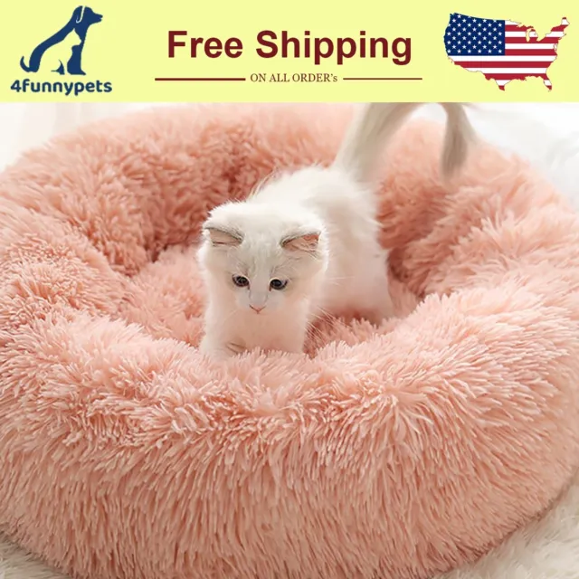 Warm Plush Round Donut Pet Dog Cat Bed Fur Cuddler Soft Puppy Calming Bed Kennel