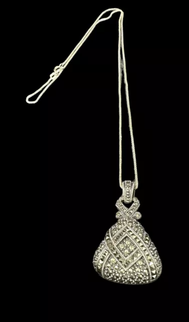 Art Deco Two Sided Pendant Sterling Silver Black Onyx and Marcasite 18 in Chain