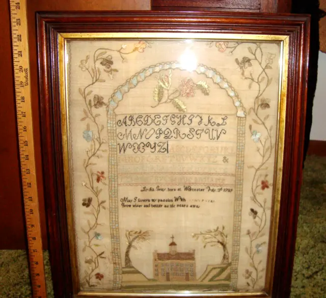 SPECTACULAR Antique early 1800s American Sampler Lydia Gray, MA w/geneology