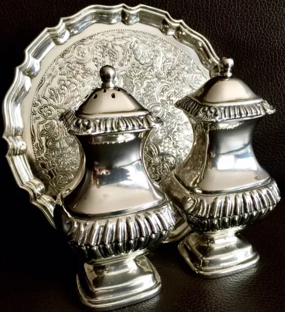 Antique Ornate Heavy (750g) English Silver Plated Salt & Pepper Pots & Tray Set 3