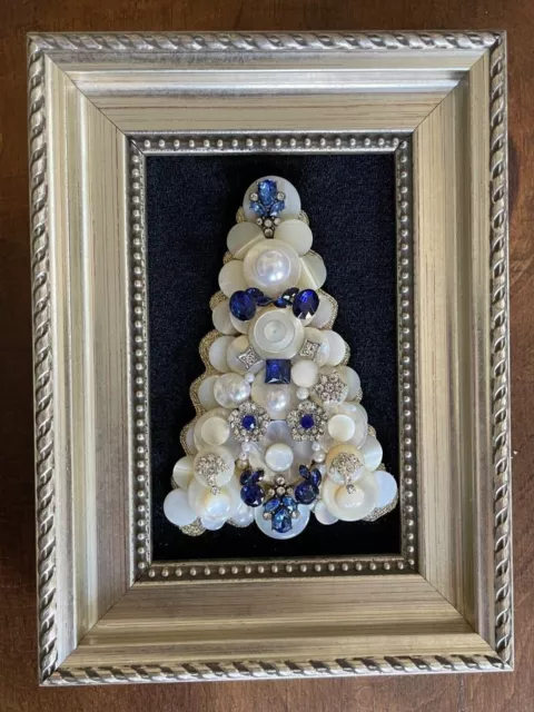 Vintage Jewelry Art Framed Christmas Tree Recycled Jewelry Blue, White