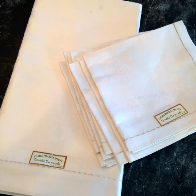 Vintage Pure Irish Linen Double Damask 65x118 Tablecloth & 9 Napkins New Stains