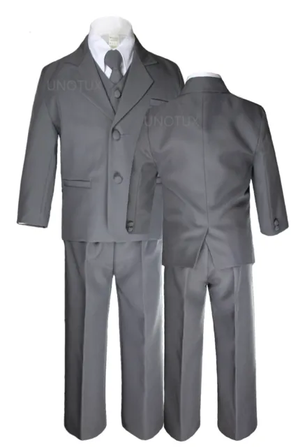 Baby Infant Toddler Kid Formal Party Wedding Dark Gray Tuxedo 5pc Boy Suit S-7