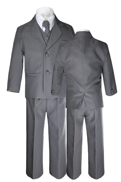 Baby Infant Toddler Kid Formal Party Wedding Dark Gray Tuxedo 5pc Boy Suit S-7