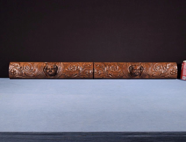 *Pair of Antique French Carved Drawer Panels/Trim in Solid Oak Wood with Angels 2