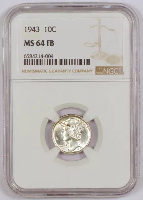 1943 Mercury Dime Silver Coin, Philadelphia Mint, NGC Graded MS64 FB Full Bands