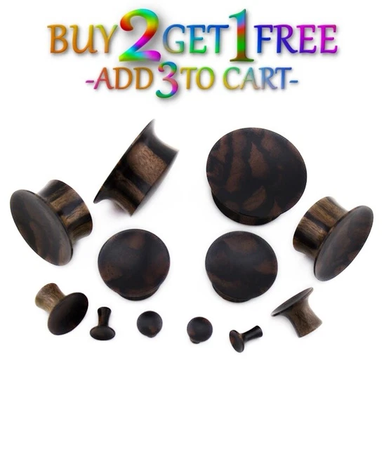 Pair 8g-30mm MAYAN BLACK ARENG WOOD PLUGS Double Flare Gauges Organic Ear 1157