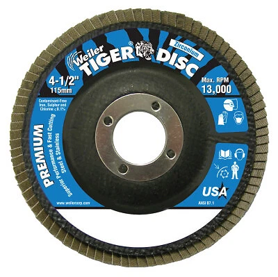 Tiger Disc Angled Style Flap Discs, 4 1/2 In, 120 Grit, 7/8 Arbor, Phenolic Back