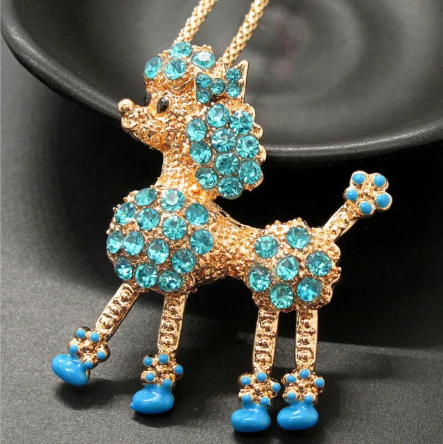 Fashion Women Blue Crystal Cute Bow Puppy Dog Pendant Chain Lady Necklace