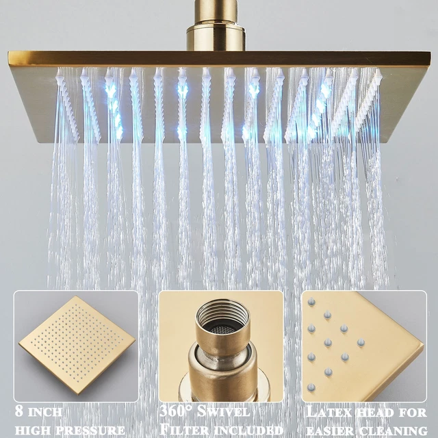 LUXURY BRUSHED GOLD 8 inch LED Rain Shower Head Square Rainfall Top ...
