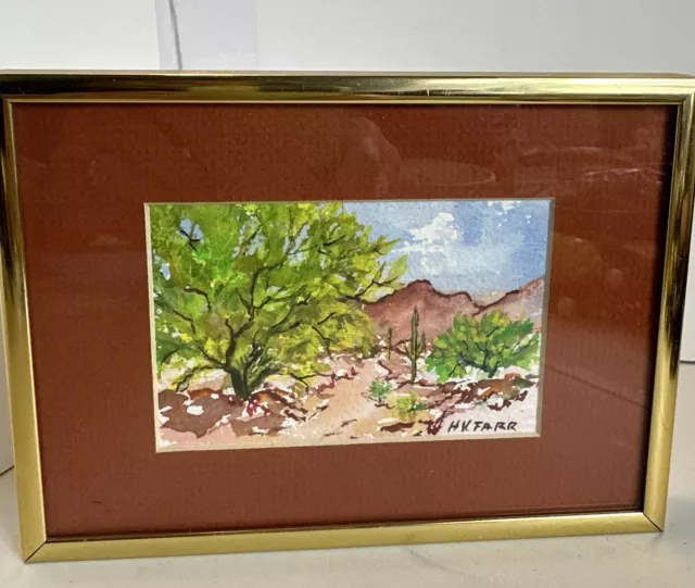 Small Water Color Painting 4”x 3” Desert Scene Framed 7”x 5” Signed H V Farr