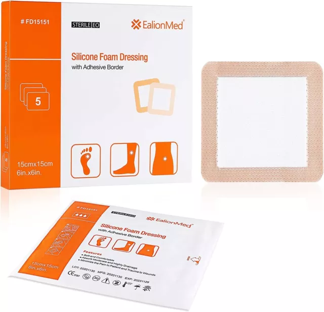 EalionMed Silicone Foam Dressing With Adhesive Border 6"x6", Box of 5 dressings