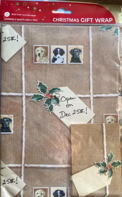 Labrador Border Collie Dog Open on Dec 25th Christmas gift wrap 6 sheets & tags