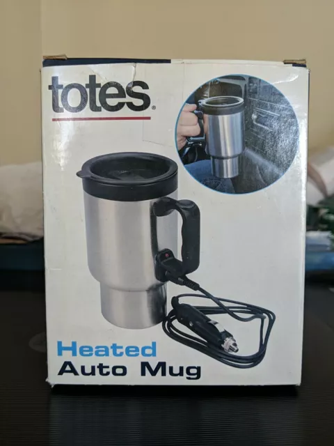 Totes Heated Auto Mug NIB Stainless Steel 12V Splash Proof Handle NEW