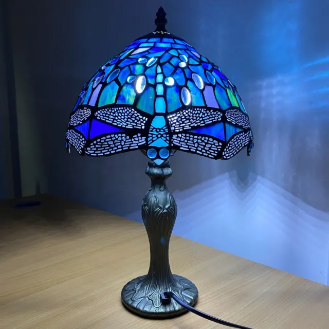 Tiffany Style Table Lamp Blue 10 Inch Shade Stained Glass Dragonfly Art UK