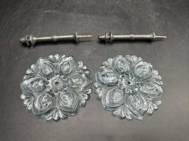 Set 2 Antique Victorian Aqua Glass Curtain Tie Backs 4 1/2" with Hardware