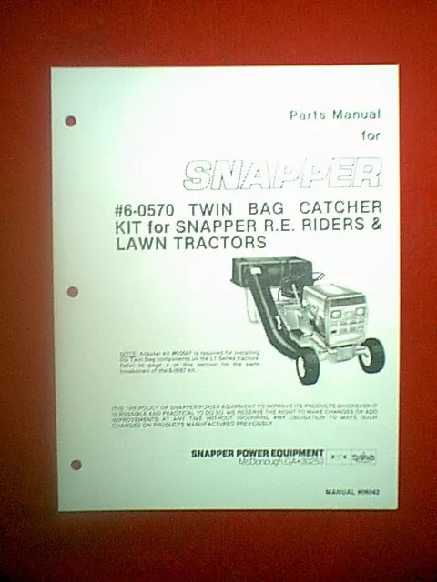 Snapper Riding Mower Twin Bagger Attachment Model # 60570 Parts Manual