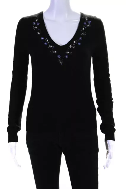 Blumarine Womens Knit Beaded V-Neck Long Sleeve Sweater Black Size 42IT