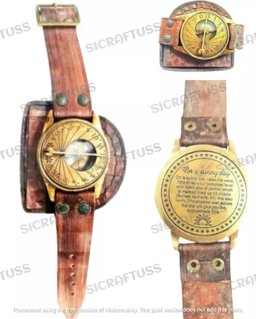 Vintage Old Style WWII Military Wrist Brass Sundial Compass Watch With Leather