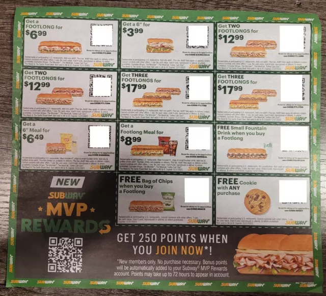 ⭐ SUBWAY COUPONS!!! 2X Sheets = 28 Coupons In All!!! Exp 12/31/23 ⭐ $2.00 -  PicClick