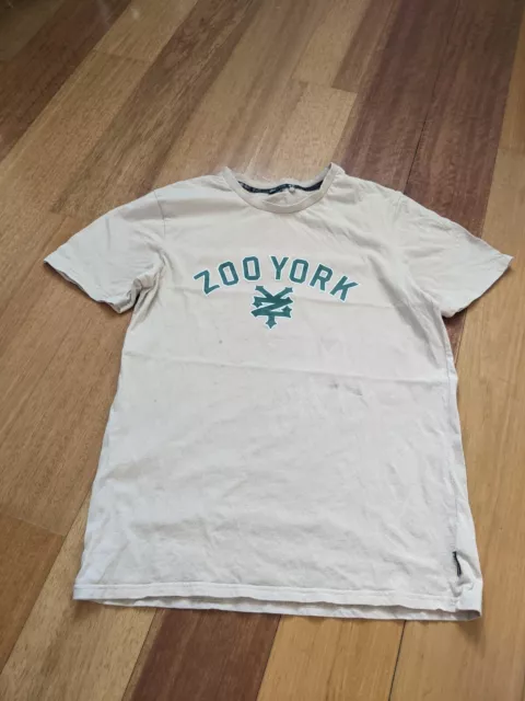 Zoo York Shirt Mens Small Beige Spell Out Logo Short Sleeve Cotton Graphic