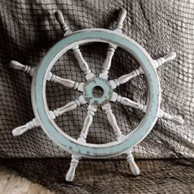 36'' hand painted White Blue SCRATCHED Wheel Wooden Captain Boat Pirate Best