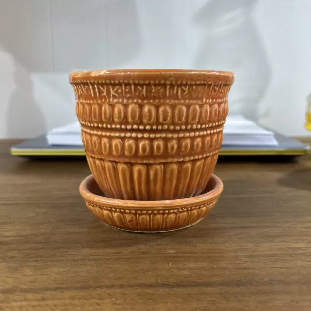 McCoy 1961 Beaded Flower Pot Planter Attached Saucer Drip Tray Burnt Orange