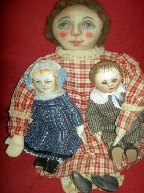 Wonderful set of THREE vintage, oil painted canvas, handmade artist cloth dolls