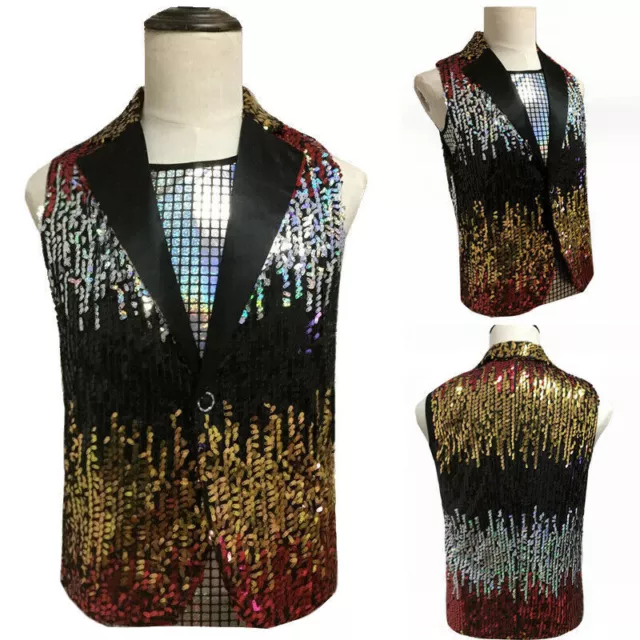 Mens Sequin Waistcoat Sleeveless Notch Lapel Jacket Gilet Vest Fancy Dress