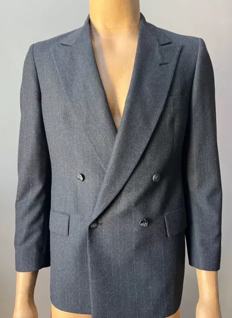 Men’s Double Breasted Retro Wool 2 Piece Pleated Pants Stripe Gray Suit 38R