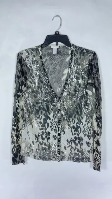 Chicos Womens Cardigan Button Up Animal Print Sequin Gray Long Sleeve Size 0.