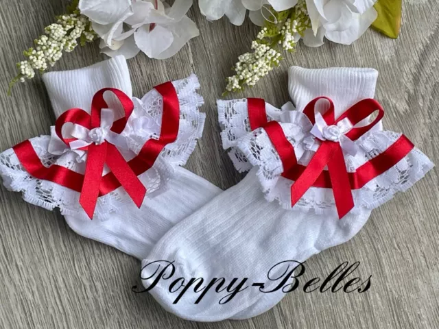 Handmade red trim & white rosebud bow white frilly ankle socks baby/girl
