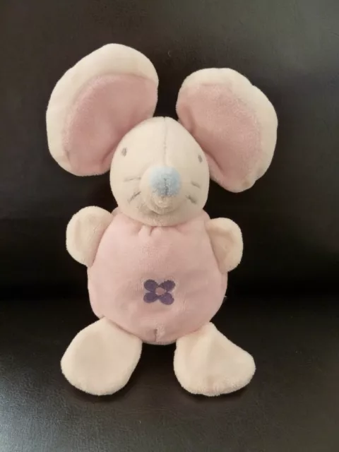 *. Doudou Peluche Ajena Souris Rose Violet Bleu Fleur Hochet Grelot 18Cm E Neuf