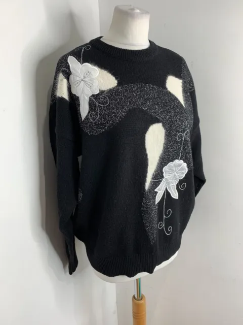 Maglione a maglia vintage anni '80 sesto senso 16 18 in perfette condizioni floreale metallico argento nero