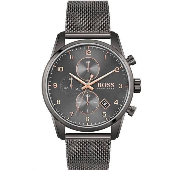 Neu Original Hugo Boss Skymaster Hb1513837 Edelstahl Grau & Gold Herrenuhr