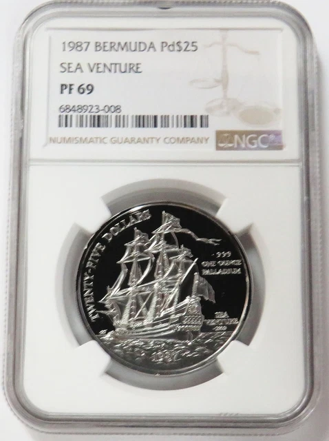 1987 Palladium Bermuda $25 Dollar Sea Venture 1 Oz Coin Ngc Proof 69