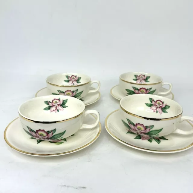 Cup Saucer Sets Paden City Pottery Modern Orchid 22K Gold Trim Set of 4 2